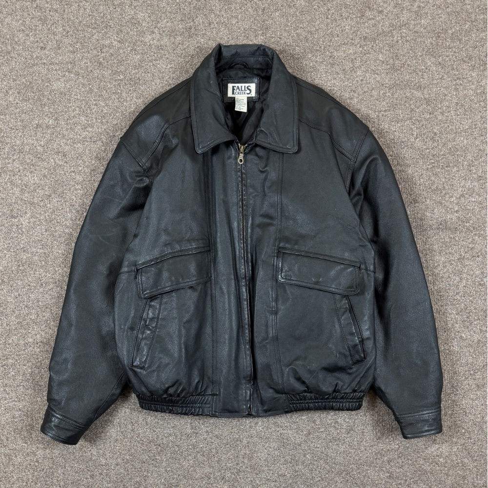 Vintage Falls Creek Black Genuine Leather Bomber Jacket Men’s XL Full Zip‎ Retro